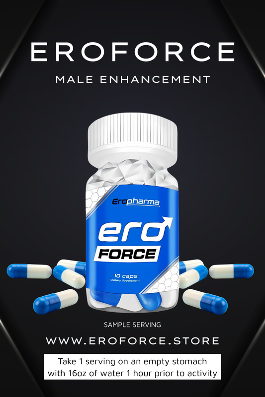 Eroforce male enhancement supplement bottle with capsules on a black background