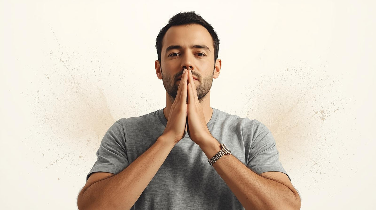 male model with hands together