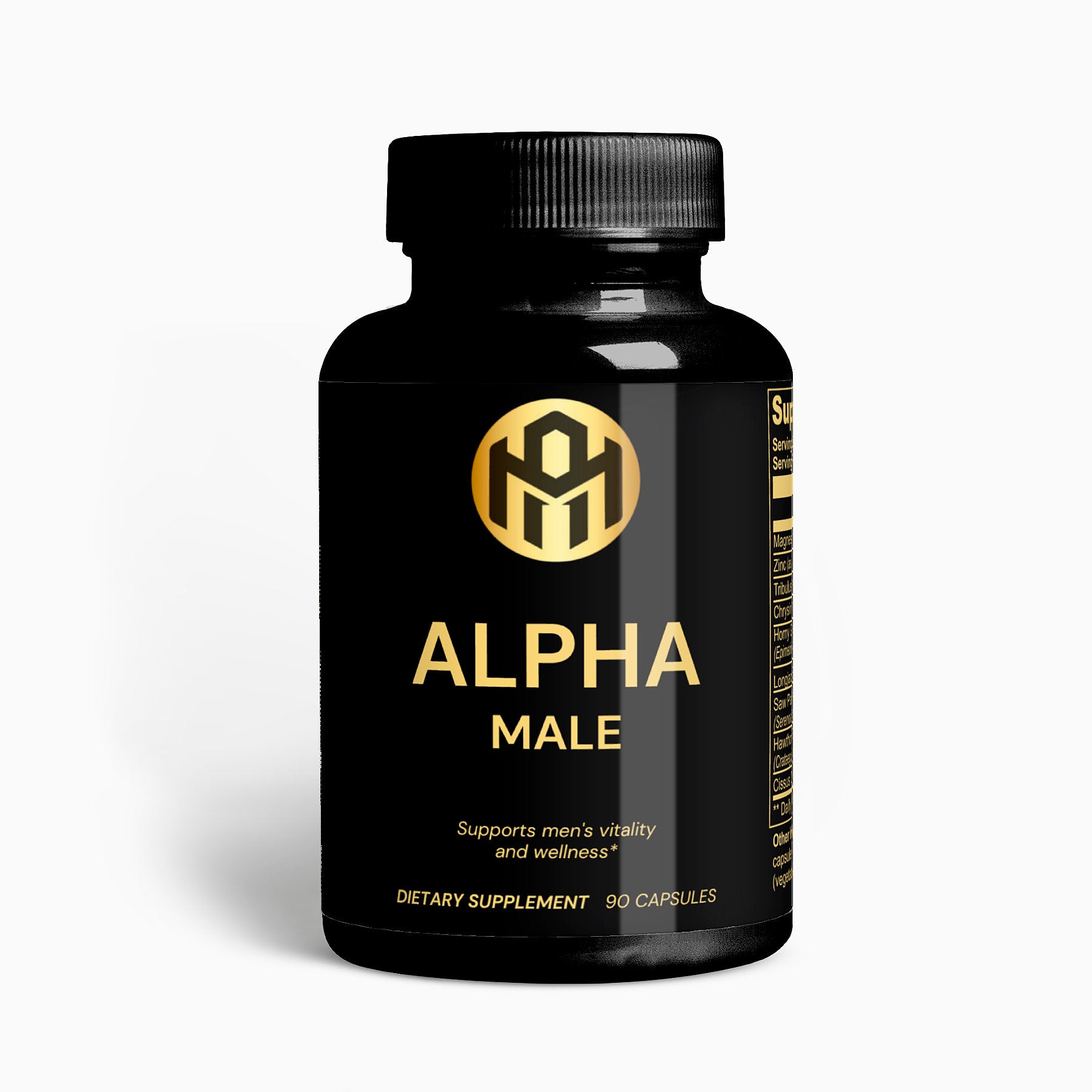 A black bottle labeled 'ALPHA MALE' with a gold and white logo on the front, indicating it is a dietary supplement with 90 capsules for men's vitality.