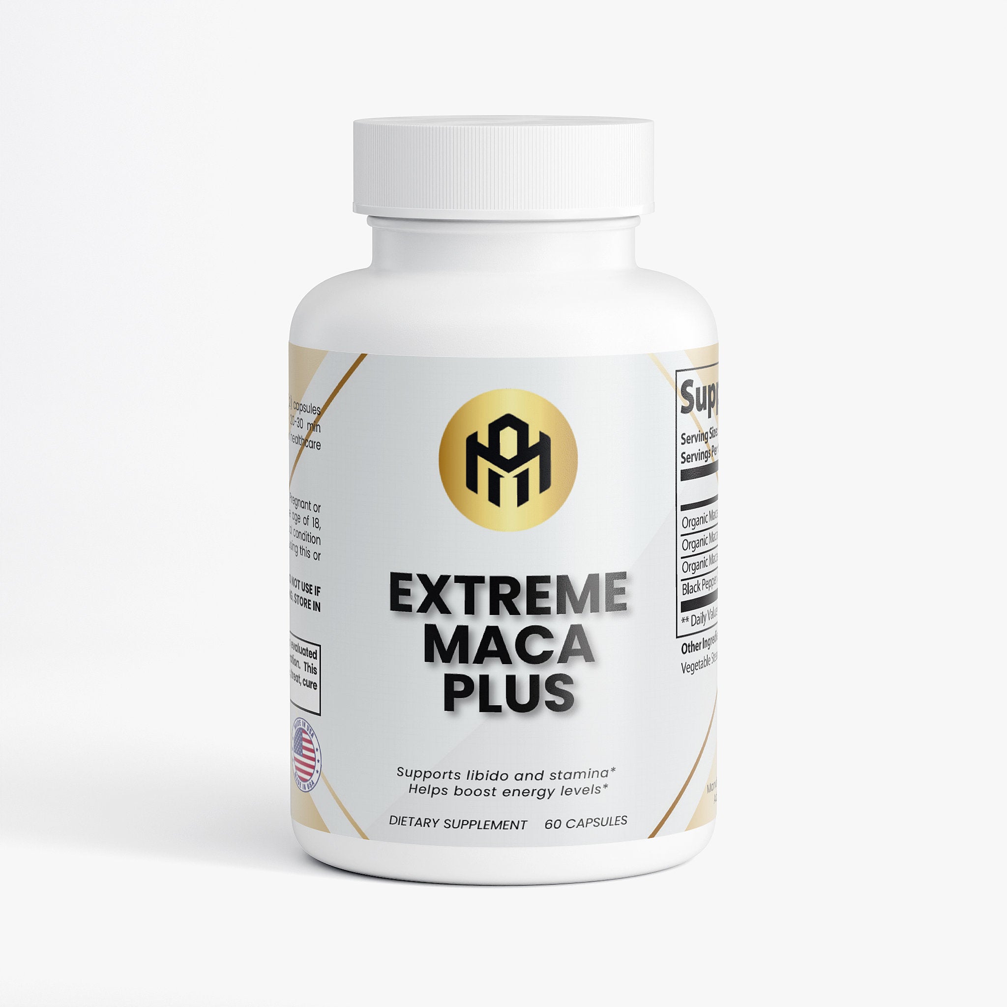 Supplement bottle labeled 'Extreme Maca Plus' on a white background