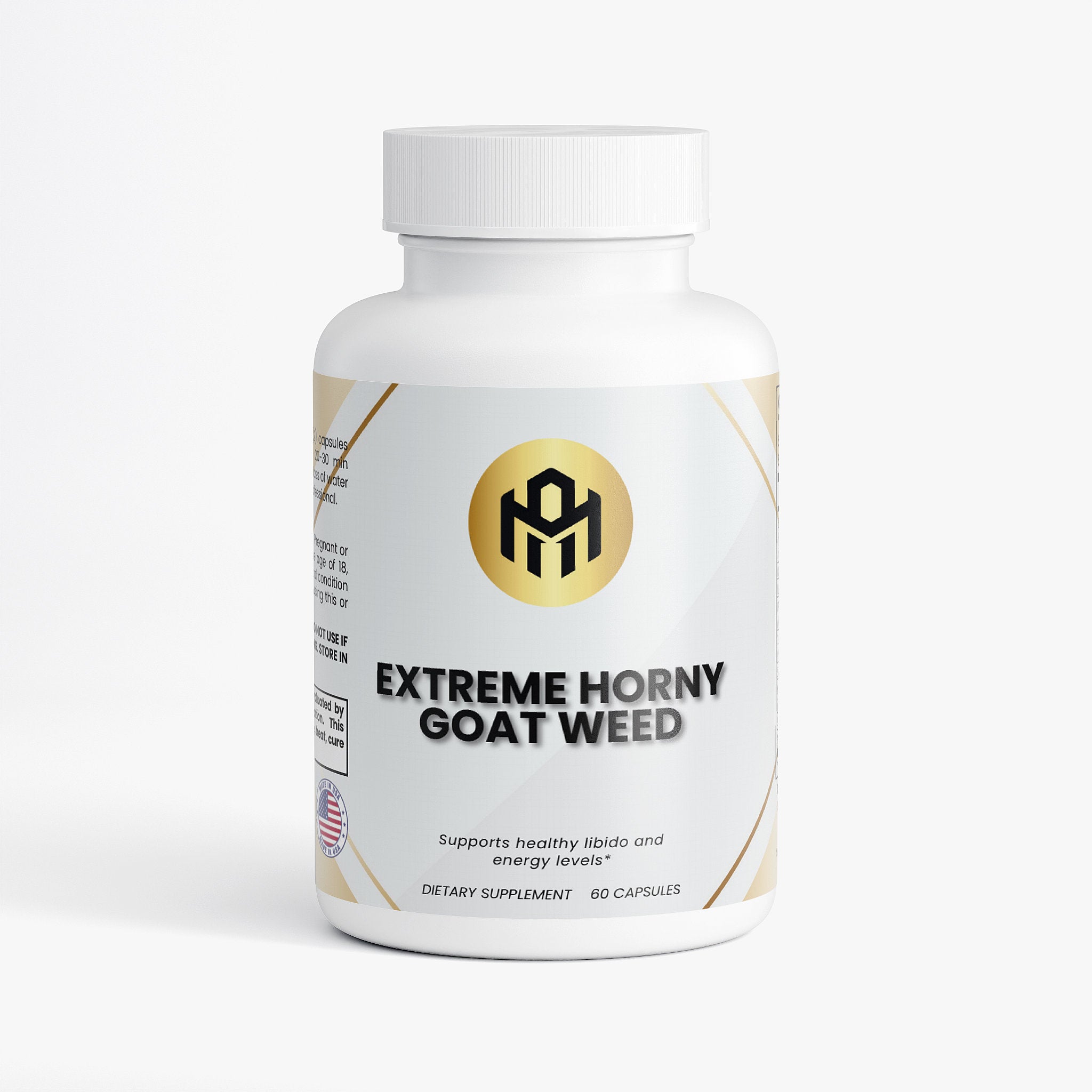 Supplement bottle labeled 'Extreme Horny goat weed' on a white background