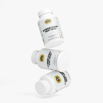 Three bottles of Extreme Horny goat weed supplement on a white background