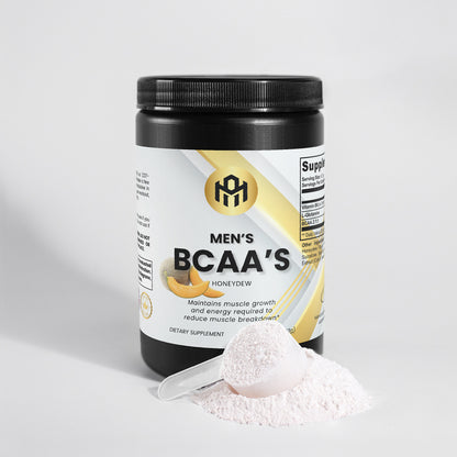 Supplement container labeled 'Men's BCAA's' with a scoop of powder on a light gray background