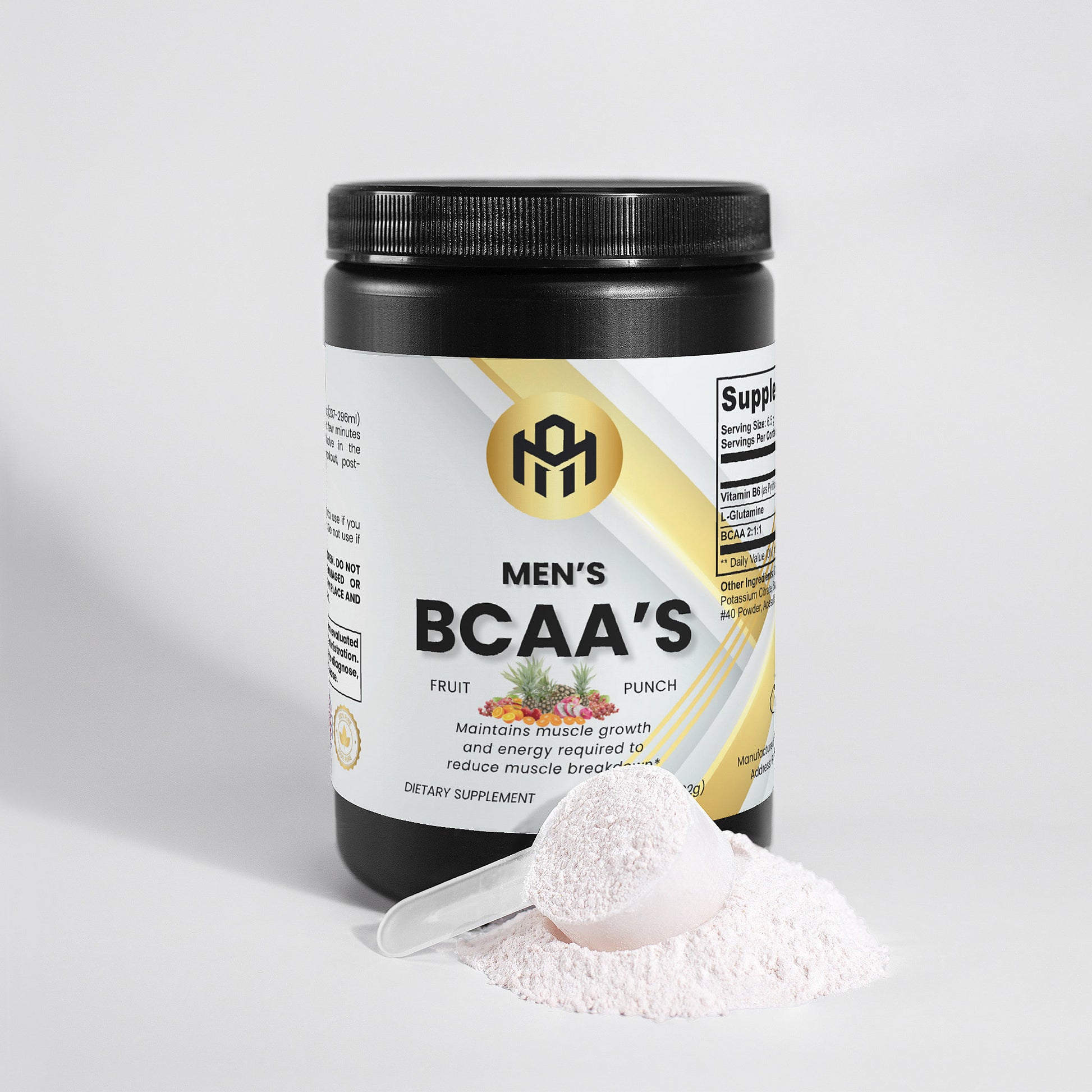 Supplement container labeled 'Men's BCAA's' with a scoop of powder on a light gray background
