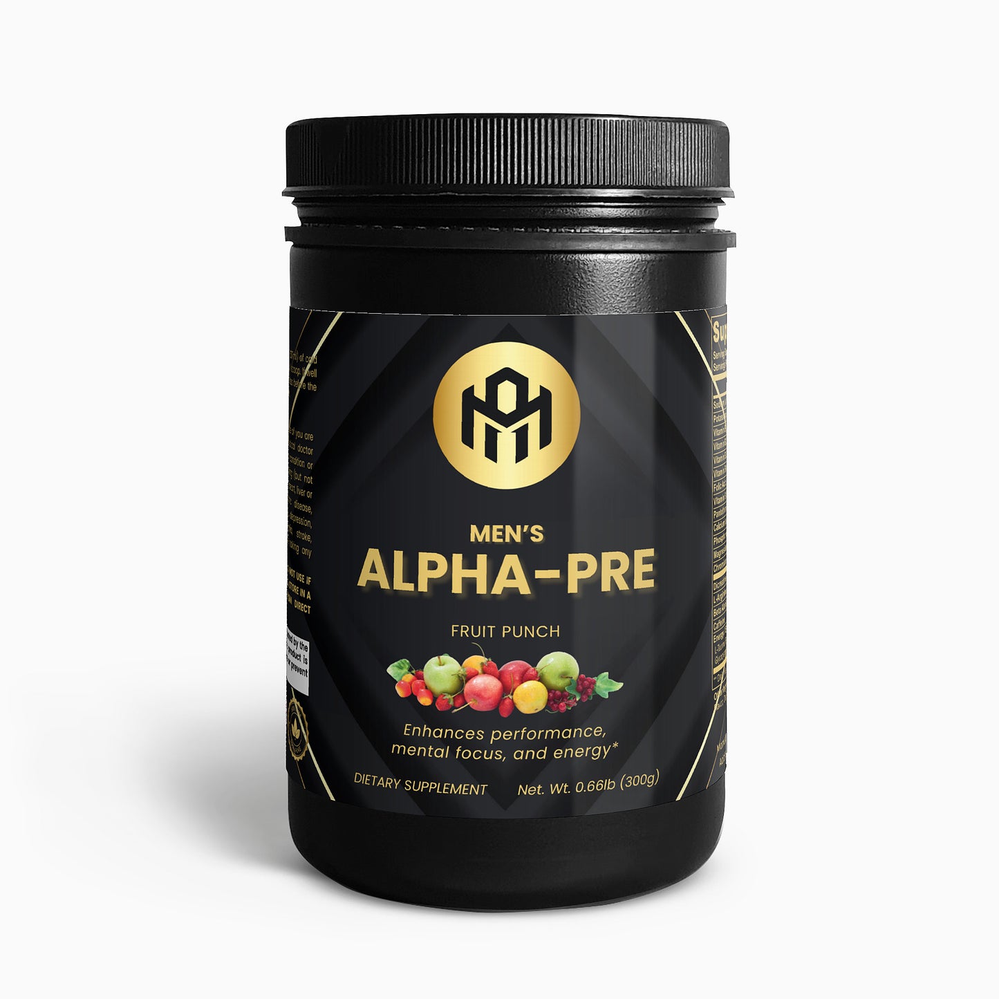 Black supplement container labeled 'Men's Alpha-Pre' with fruit punch flavor on a white background