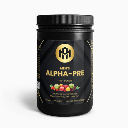 Black supplement container labeled 'Men's Alpha-Pre' with fruit punch flavor on a white background