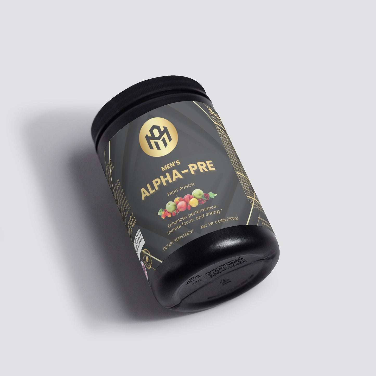 Black container labeled 'Men's Alpha-Pre' on a light gray background