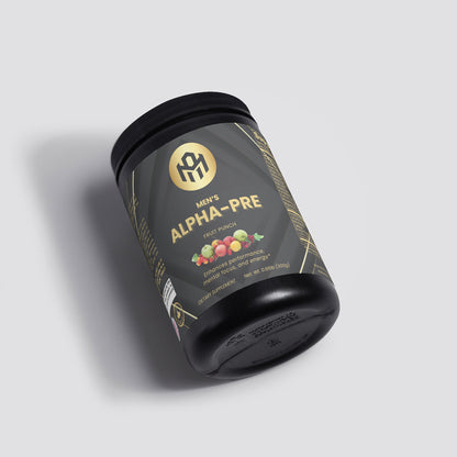 Black container labeled 'Men's Alpha-Pre' on a light gray background