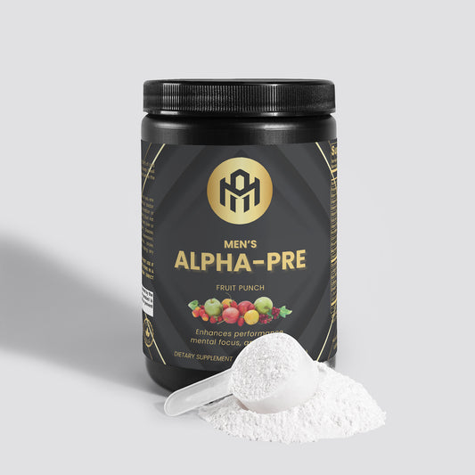 Men's Alpha-Pre supplement container with scoop of powder on a light gray background