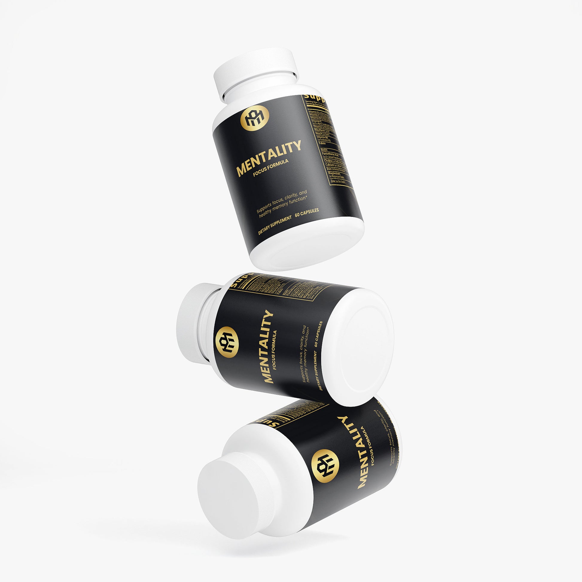 Three bottles of Mentality supplement on a white background