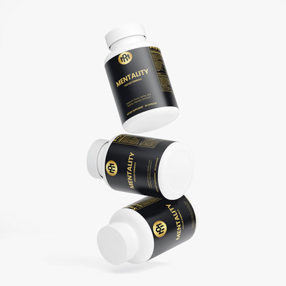 Three bottles of Mentality supplement on a white background