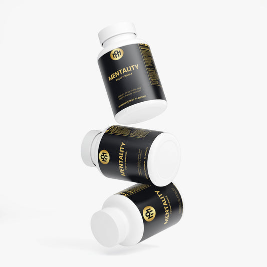 Three bottles of Mentality supplement on a white background