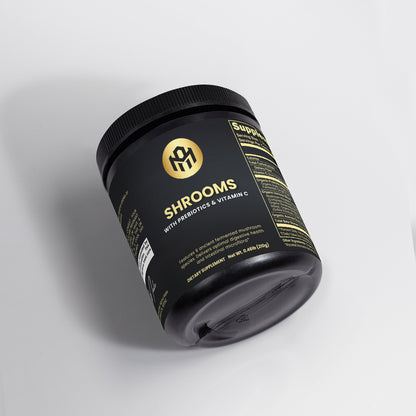 Black container labeled 'SHROOMS' on a gray background
