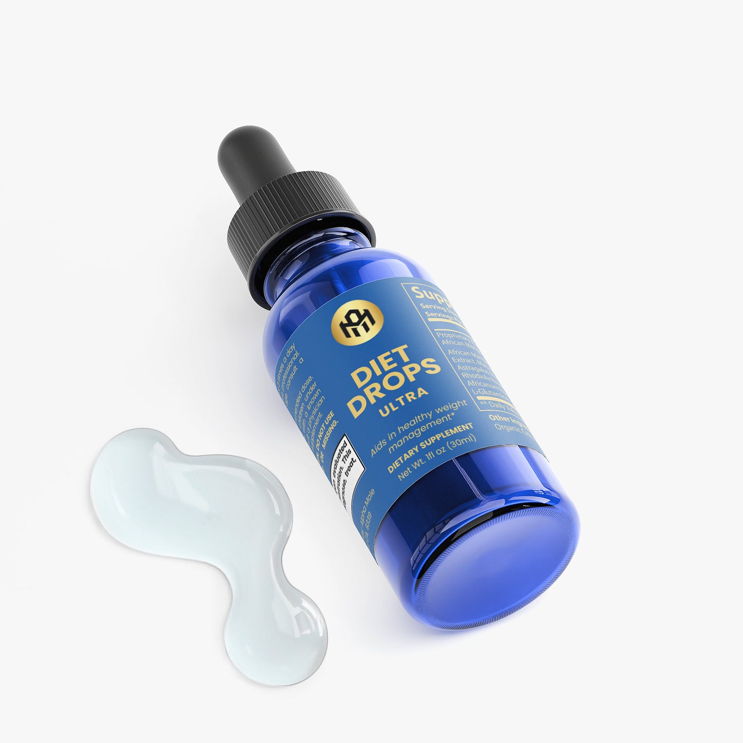 Blue bottle labeled 'Diet Drops Ultra' with a dropper on a white background