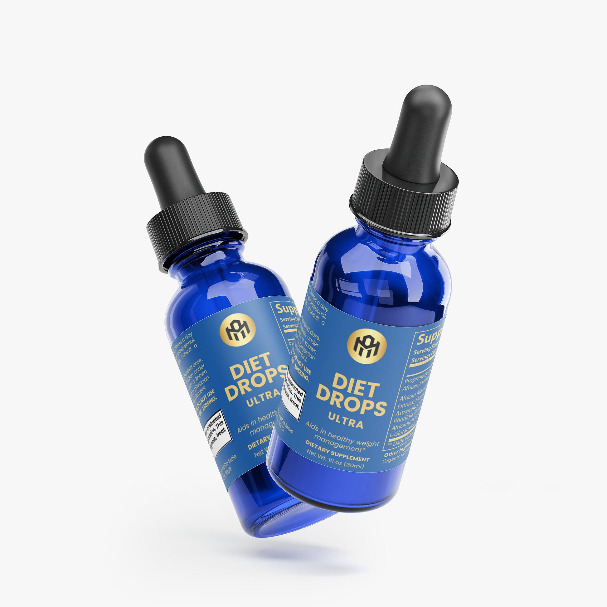 Two blue bottles with dropper caps on a white background
