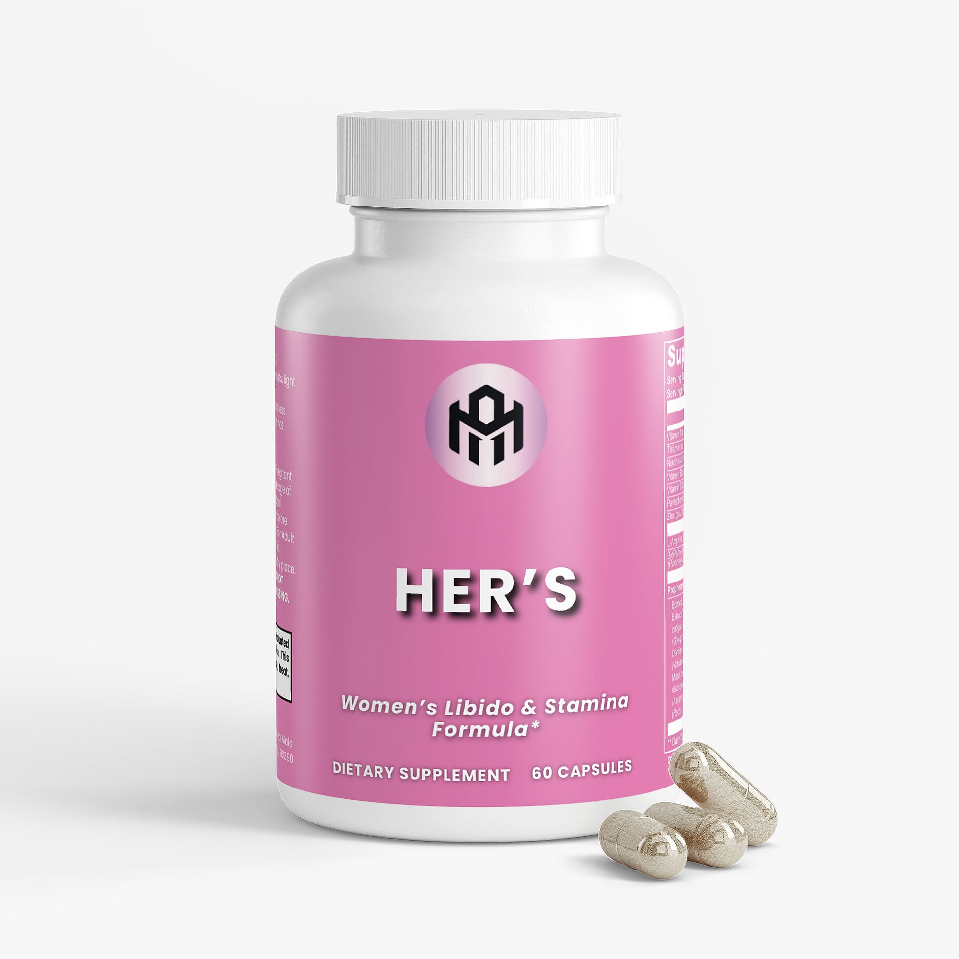 Supplement bottle labeled 'HER'S' for women's libido and stamina on a white background