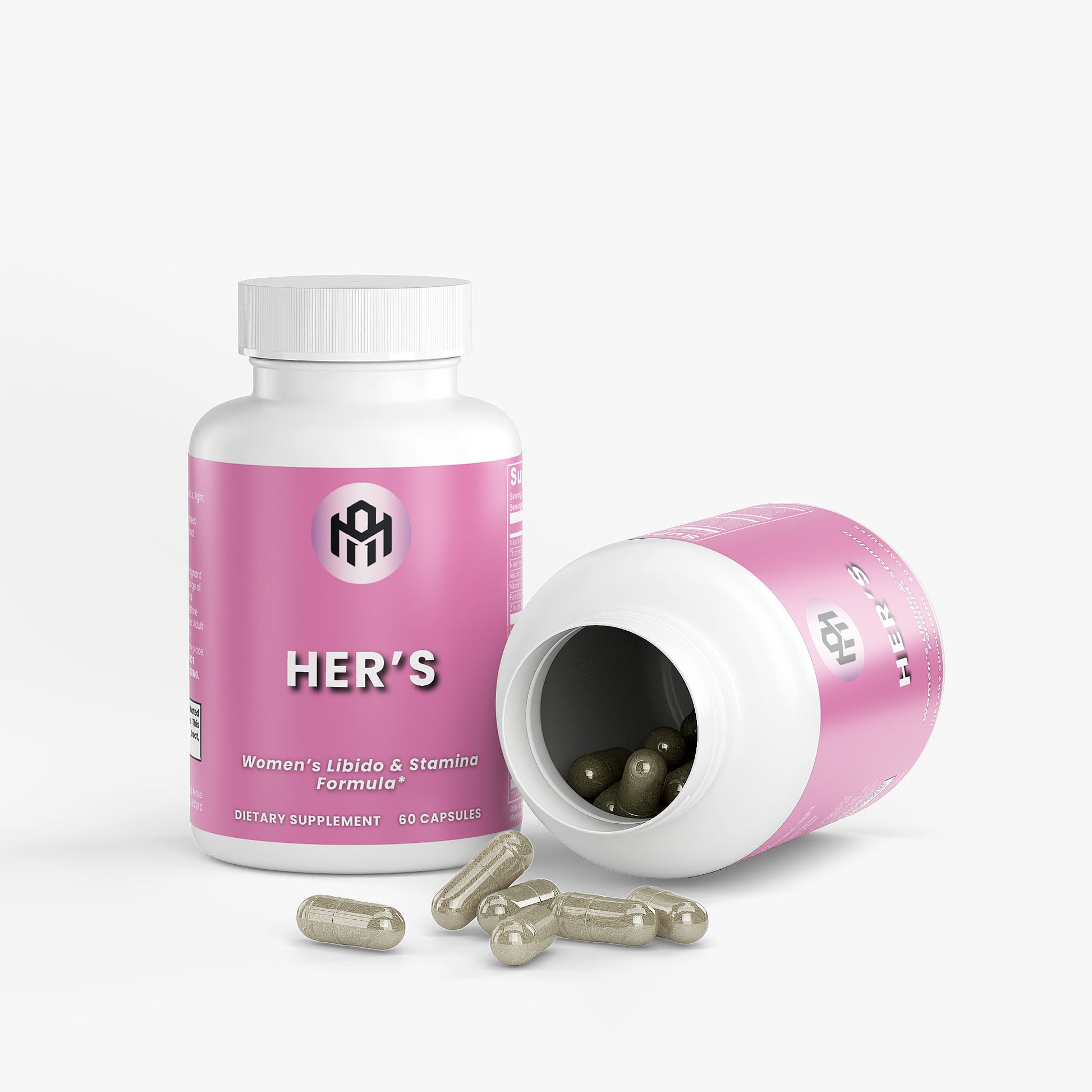 Pink supplement bottle labeled 'HER'S' with capsules on a white background