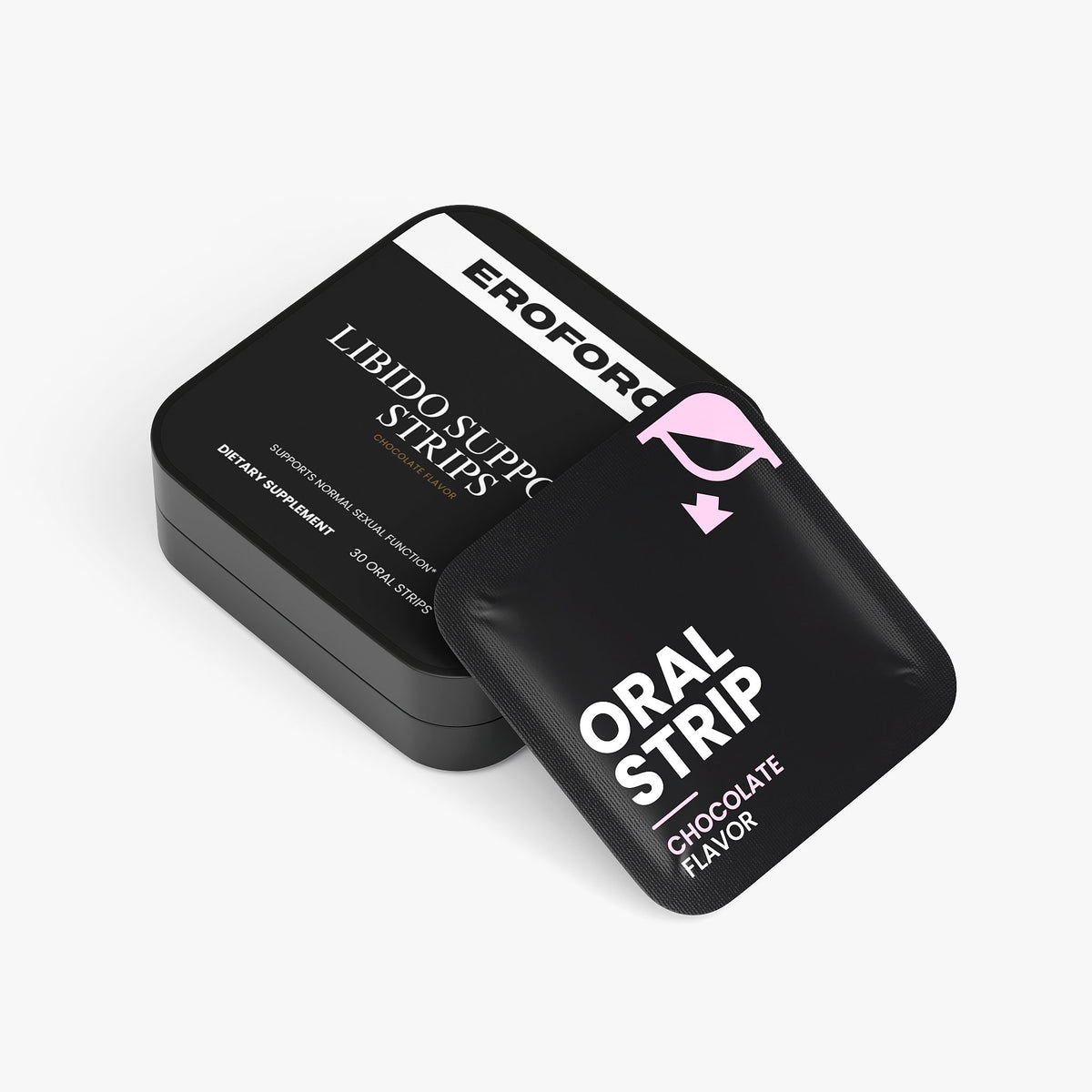 Black packaging of Eroforce Libido Supreme Strips on a white background