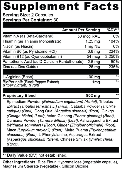 Supplement facts label with detailed nutritional information on a black background