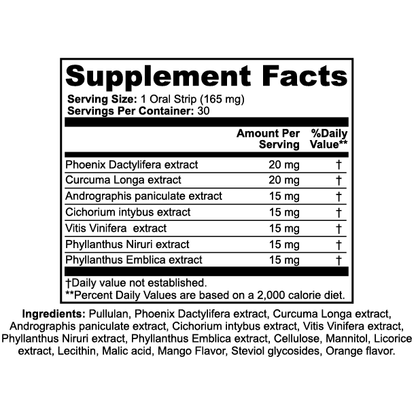 Supplement facts label with various extracts and their amounts per serving