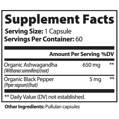 Supplement facts label for a product containing Organic Ashwagandha and Organic Black Pepper.