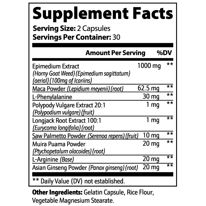 Supplement facts label with various ingredients and their amounts per serving.