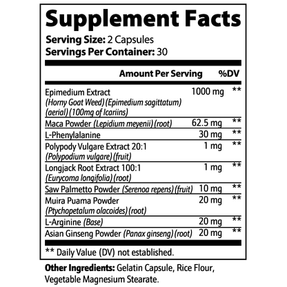 Supplement facts label with various ingredients and their amounts per serving.