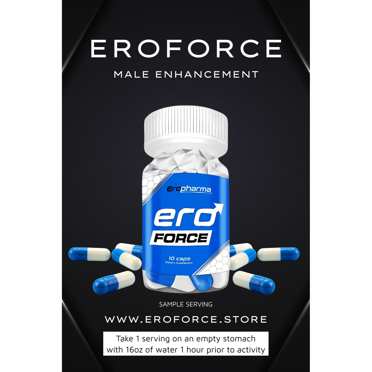 Eroforce male enhancement supplement bottle with capsules on a black background