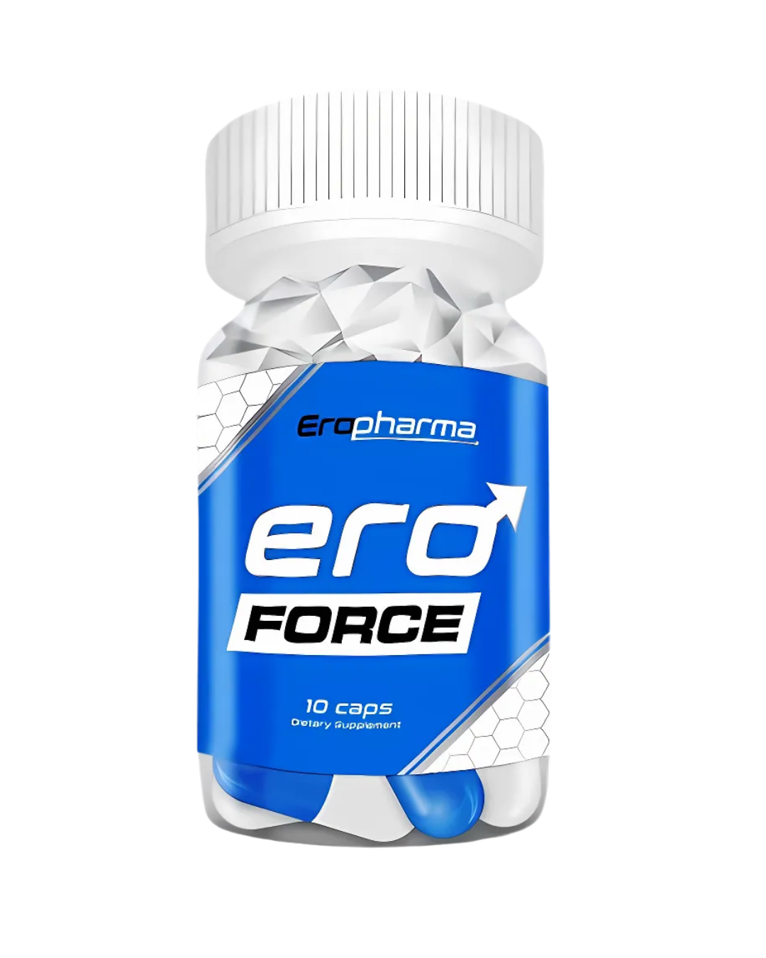 Blue and white supplement bottle labeled 'ero force' by Eropharma on a white background